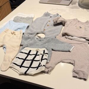 Assort knit newborn + 0-3m outfits 4 pants 1 onsie 1 sweater 1 shorts 1 bear top